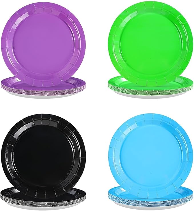 Grencian 60Pcs Video Game Party Paper Plates 9" Green and Purple Party Plates Purple Black Blue Green Dessert Platters for Video Games Theme Kids Gamer Birthday Monsters Theme Party Decorations