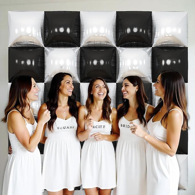 Black Silver Square Foil Balloon Wall,25Pcs Double Sided Foil Balloons Backdrop Helium Polyester Tunnel Arch Garland Kit for Birthday Bridal Anniversary Baby Shower Party Decorations
