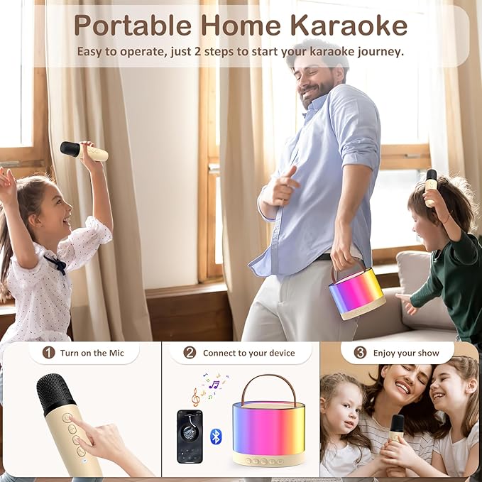 JYX Mini Karaoke Machine for Kids Adults, Portable Bluetooth Speaker with 2 Microphones, Support TF/AUX Input/4 Funny Magic Voice (Ivory White-2 Mic)
