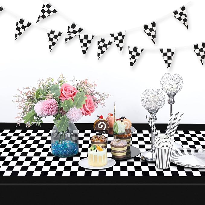 Tallew 6 Pcs Checkered Car Party Supplies Disposable Tablecloth Plastic Table Cover Black and White Checkered Race Table Runner for Racing Birthday Party Decor Favor Supplies (Black)