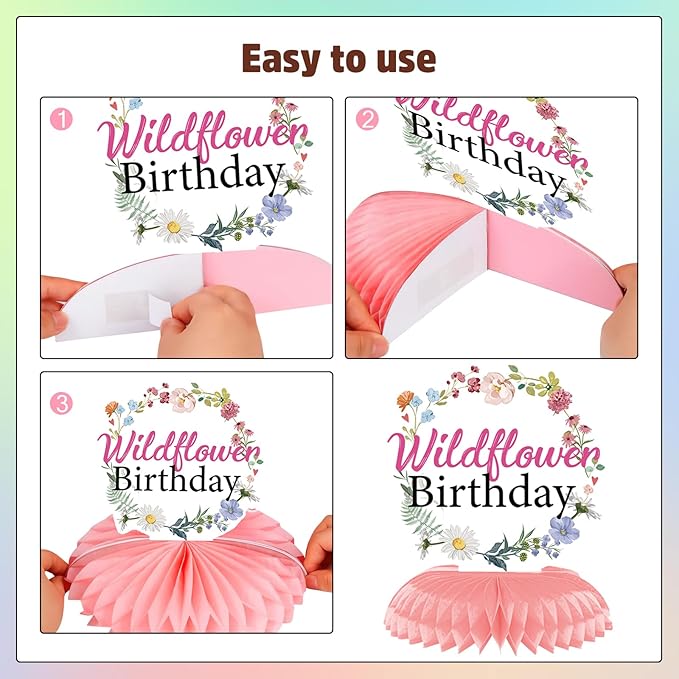 Flower Birthday Table Decorations - 9PCS Wildflower Spring Party Decor Supplies With Floral Honeycomb Centerpiece for Girls and Women