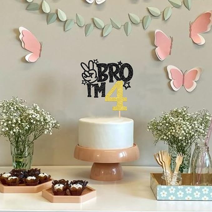 1 PCS Brother I'm 4 Cake Topper Glitter Star Happy 4th Birthday Cake Pick Bro I'm 4 Cake Decoration It's My 4th Birthday Decorations for Boys Cheers to 4 Years Old Birthday Party Supplies Gold
