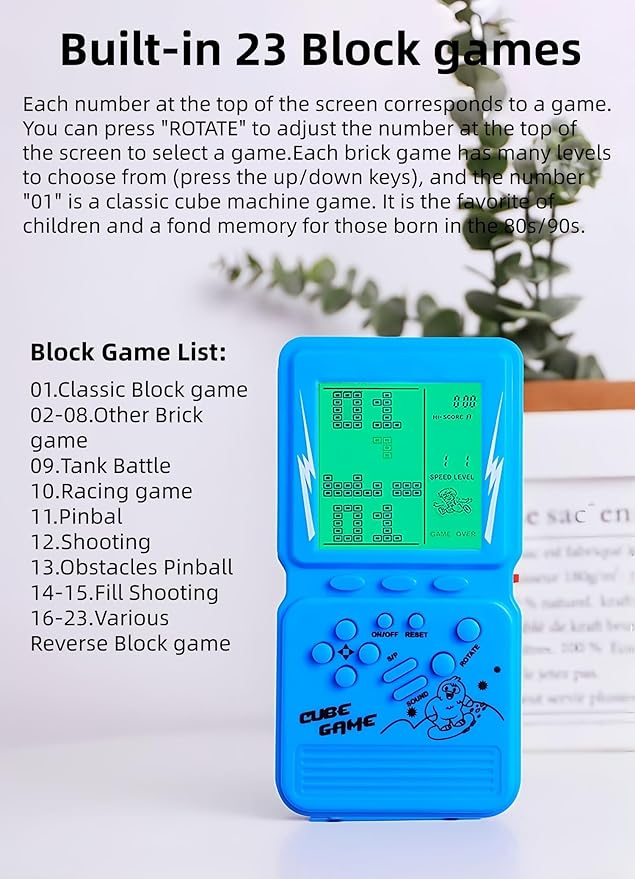 Green Backlight Block Game Console Built-in 23 Building Brick Retro Games Electronic Cube Puzzle Kid's Birthday Outdoor/Indoor/Travel Leisure Entertainment (Pink)