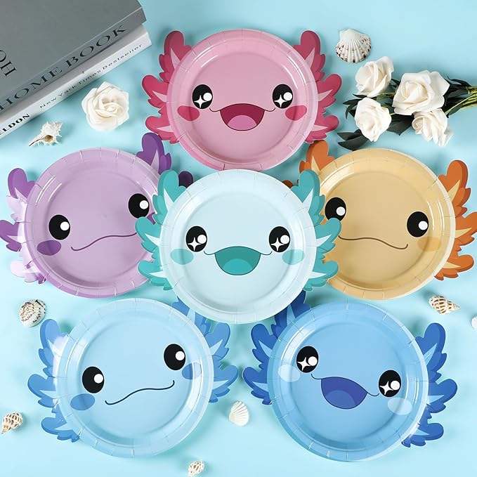 60Pcs Axolotl Shaped Birthday Party Decorations Reptile Animals 7 Inch Dessert Plates Tableware Cartoon Axolotl Dinner Paper Plates Dinnerware for Kids Boys Girls Party Baby Shower Supplies Favors