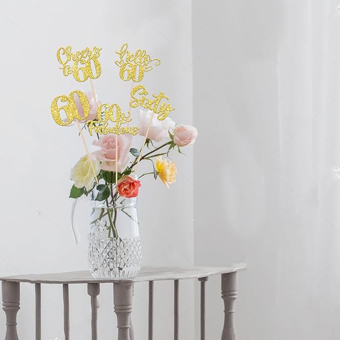 15PCS Happy 60th Birthday Centerpiece Sticks Hello 60 Fabulous Table Flower Centerpieces Sticks Sixty Cheers to 60 Years Floral Decoration for Happy 60th Birthday Party Centerpieces Sticks Gold