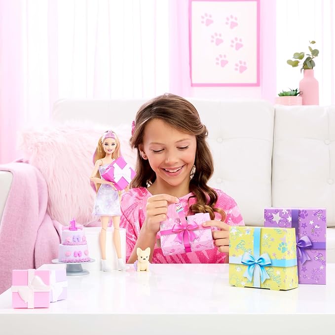 Barbie Party Unboxed Doll & Accessories, Pet Birthday Series Birthday Bows Set with 10 Surprises Including Color Change & Cake-Decorating Activity
