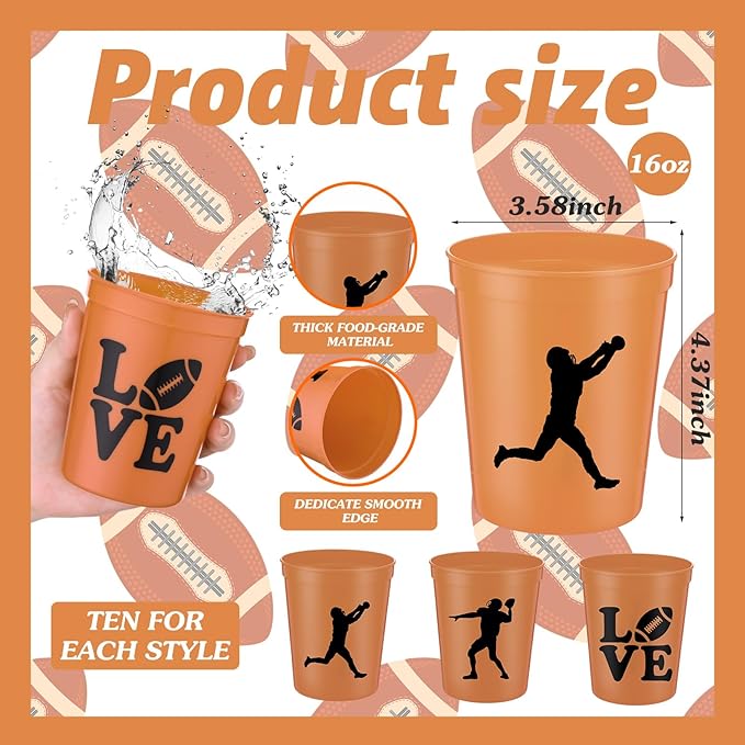 Zhehao 30 Pcs Sport Ball Plastic Cups Hockey Football Basketball Plastic Reusable Drink Cups Bulk 16 oz Stadium Tumbler Stackable Sports Tumbler for Sport Party Supplies(Football,Orange)