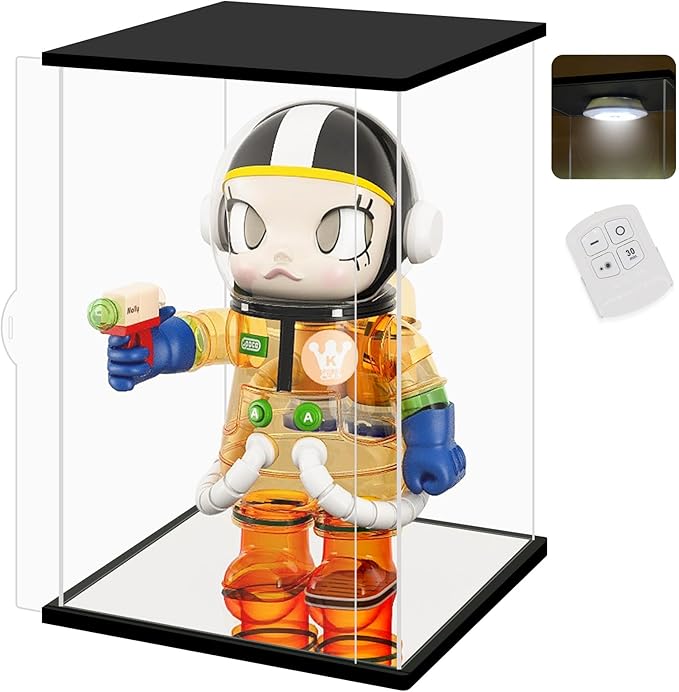 NONEMEY Clear Acrylic Display Case with Remote Control Light for 400% Pop Mart，Dustproof Model Showcase Organizer Box, Display Case for Collectibles (9.8x9.8x13.8inch,25x25x35cm)