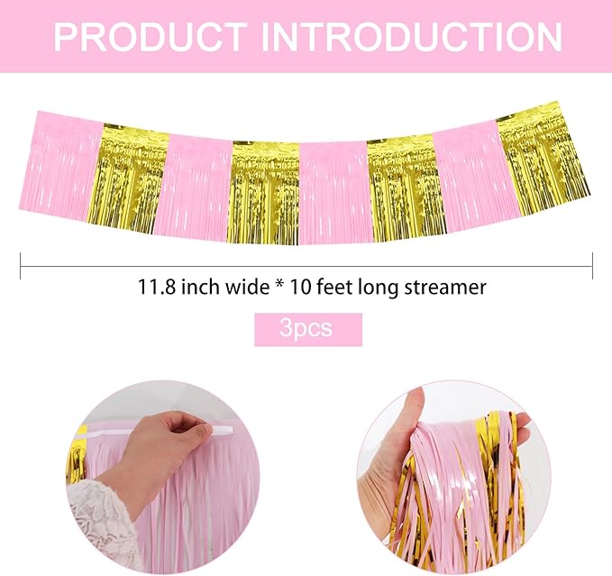 BEISHIDA 3 Packs Metallic Foil Fringe Garland Macaron Pink Gold Wall Hanging Tinsel Fringe Banners for Car Floats Bridal Shower Wedding Birthday Graduation Holiday Party Decoration(30 Feet)