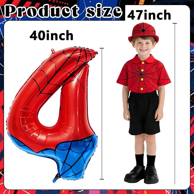 Spider Web Number 4 Balloon Birthday Decoration, Superhero Themed 40in Giant Mylar Number Party Supplies