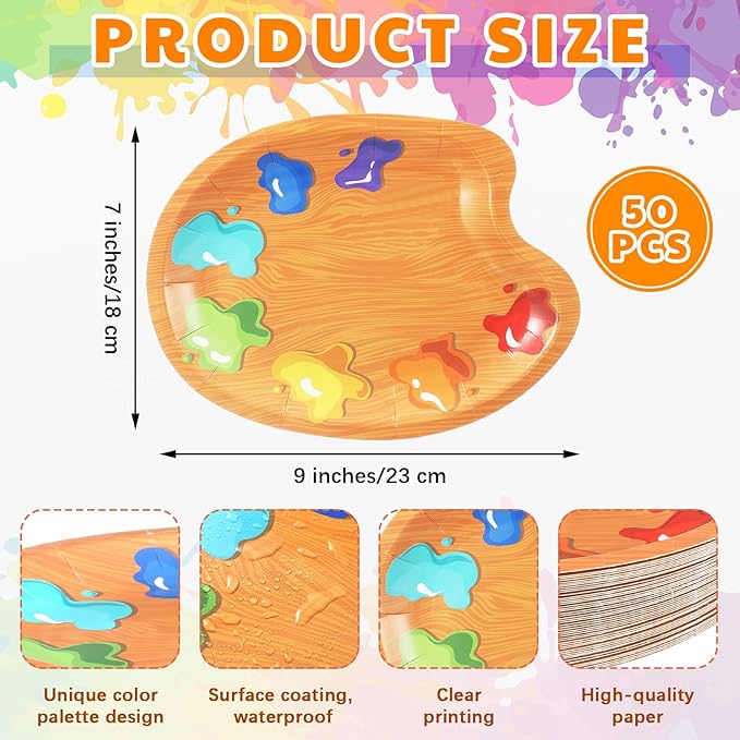 Honeydak 50 Pcs Art Birthday Party Decorations Paint Palette Shaped Paper Plates Bulk Art Plates for Paint Themed Party Decorations Supplies for Dessert Food Tableware Home Artists Baby Shower Favors