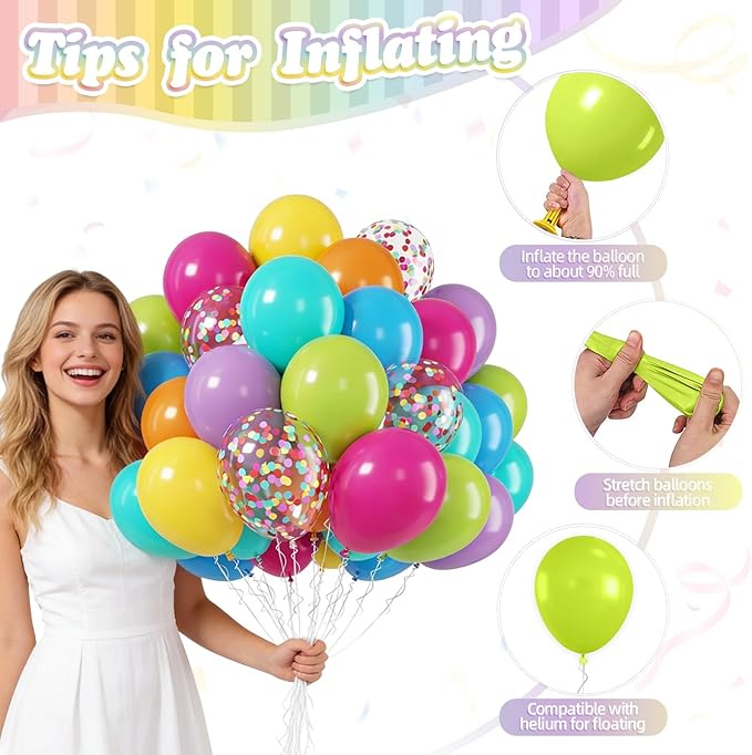 FunHot Colorful Balloons, 50 Pcs Summer Balloon, 12 Inch Green Purple Hot Pink Blue Latex Balloons, Rainbow Confetti Helium Balloon for Baby Shower Birthday Beach Engagement Hawaii Party Decorations
