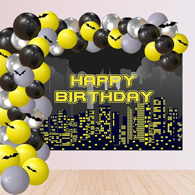 54 PCS Bat Theme Birthday Decorations Superhero Super City Backdrop 5x3FT Black Yellow Silver Balloons Arch Garland Kit Full Moon Bat Background Children Party Supplies