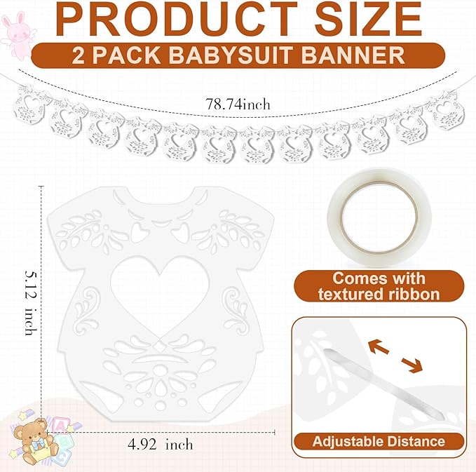 2 Pack Cielito Lindo Papel Picado Baby Shower Banner Decoration, Mexican 24 Pcs Bodysuit Card with Hanging String Fiesta Garland for Gender Baby Shower Party Supplies(Classic Color)
