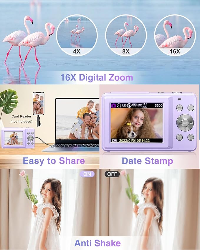 Digital Camera, Kids Camera FHD 1080P Point and Shoot Camera with 16X Zoom Anti Shake, Small Compact Camera for Teen Starter Children Kid Student Girl Boy(Purple)