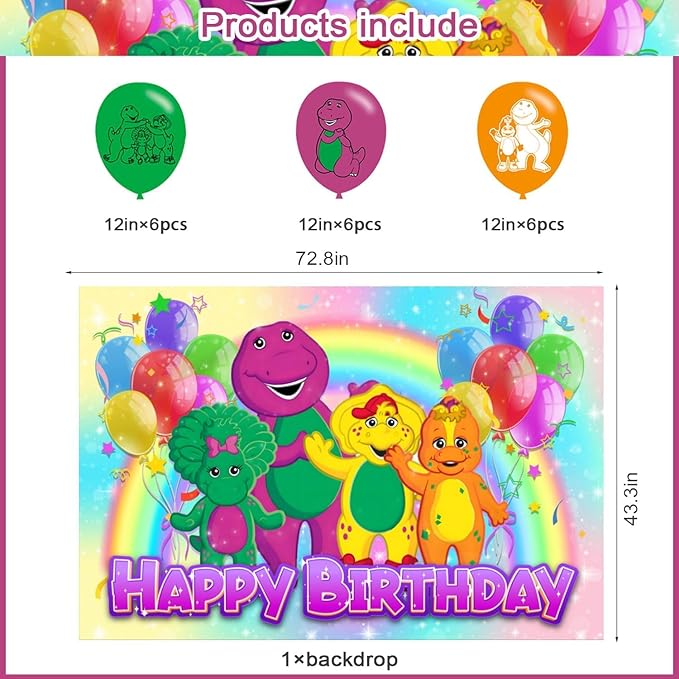 𝓑𝓪𝓻𝓷𝓮𝔂 Birthday Party Decoration, Photo Background 5 x 3 FT, 18 Pcs Balloons, 𝓑𝓪𝓻𝓷𝓮𝔂 Merch Party Backdrop Supplies