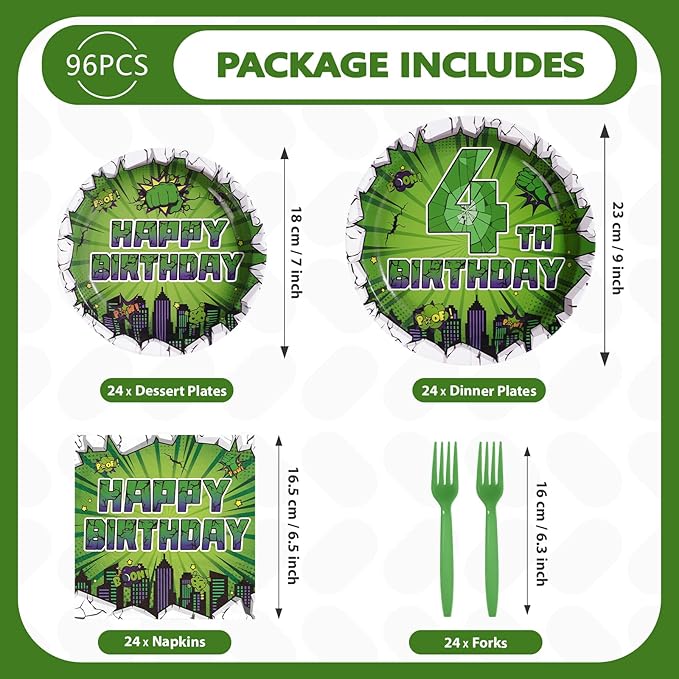 96Pcs Green Hero 4th Birthday Party Supplies Super Green Hero 4th Birthday Plates and Napkins Cityscape Super Bang Cartoon Movie Tableware Set for Kid 4 Year Old Party Supplies，Serves 24