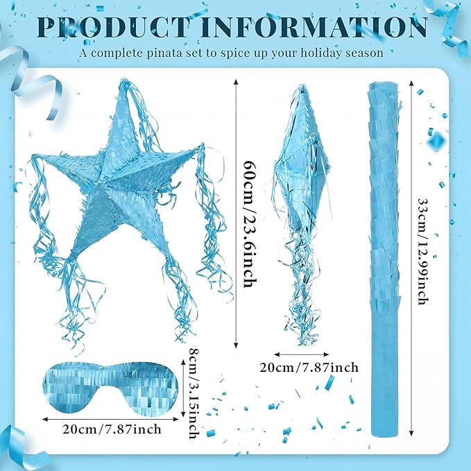 Hanaive Foil Star Piñata with Blindfold and Bat for Birthday Foldable Star Shape Piñata with Stick Festive Fiesta Party Supplies Favors for Mexican Party (Blue)
