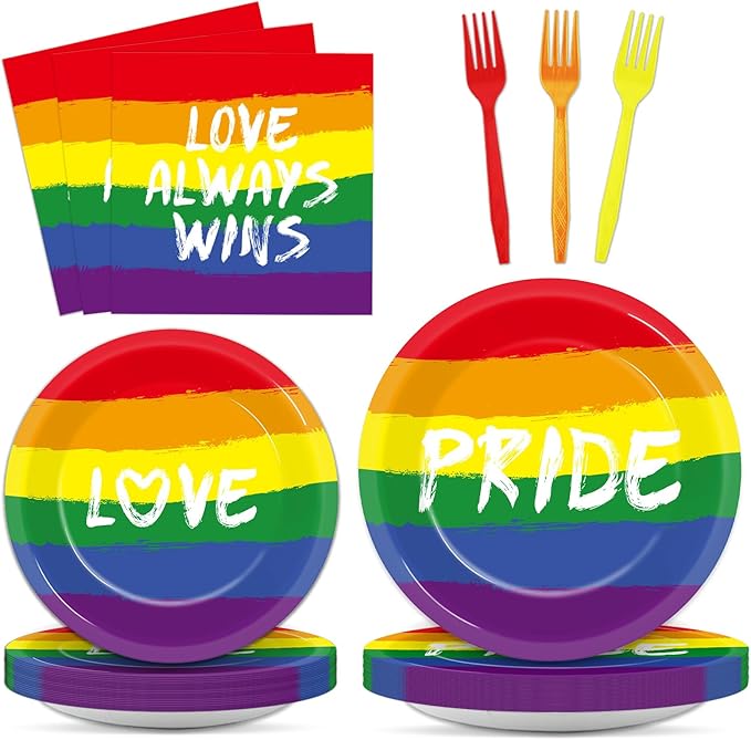 ZOIIWA 96PCS Pride Party Decorations Tableware Set Rainbow Party Supplies for 24 Guests Disposable LGBT Dinnerware Plates Napkins Forks for Rainbow Gay Pride Theme Favors