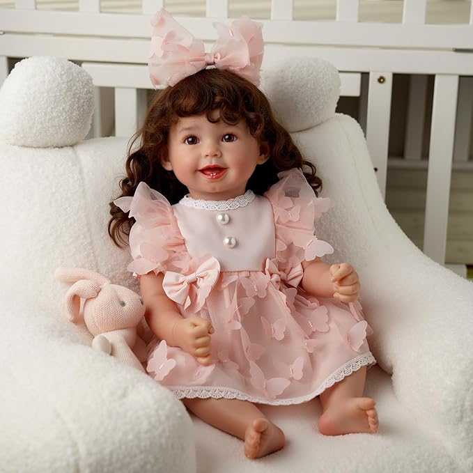 BABESIDE 4 Pcs Reborn Baby Doll Clothes Set for 17-22 Inch Babydolls, Pink Bow Dolls Dress with Hat Headband and Reusable Diaper for Realistic Baby Doll Accessories