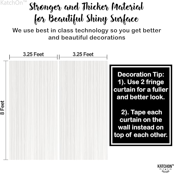 KatchOn, White Foil Fringe Curtain - XtraLarge 3.2x8 Feet, Pack of 2 | Fringe Backdrop for Party Decorations | White Backdrop for Bridal Shower, Baby Shower, Anniversary, Wedding Decorations