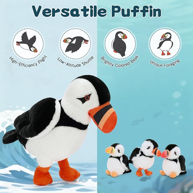 13.7" Puffin Plush Toy with Back Zipper, Includes 3 Adorable Baby Puffin Stuffed Inside - Soft & Safe Stuffed Animal for Kids, Perfect for Bedtime Companion, Gift, or Room Decor