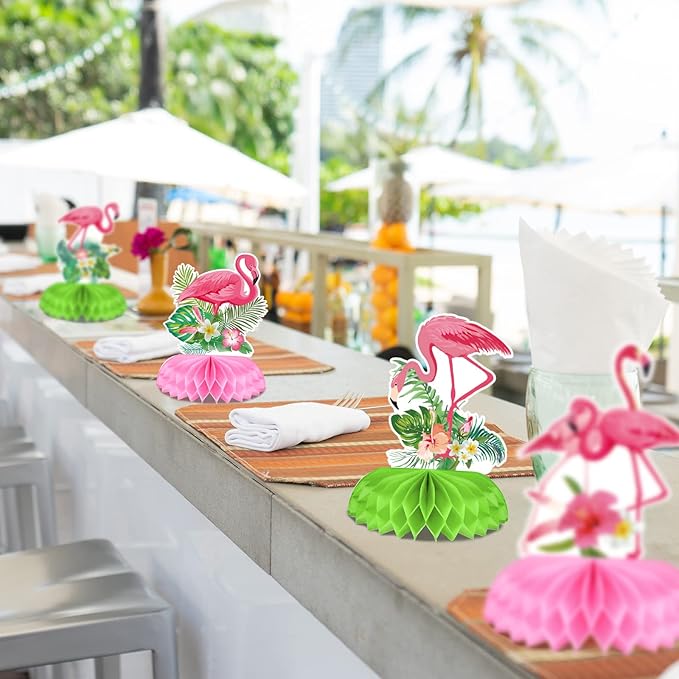 Funtery 9 Pcs Flamingo Centerpieces for Tables Hawaii Luau Honeycomb Centerpieces Flamingo Party Decorations Tropical Aloha Party Table Topper for Kid Birthday Party Supplies Table Decoration