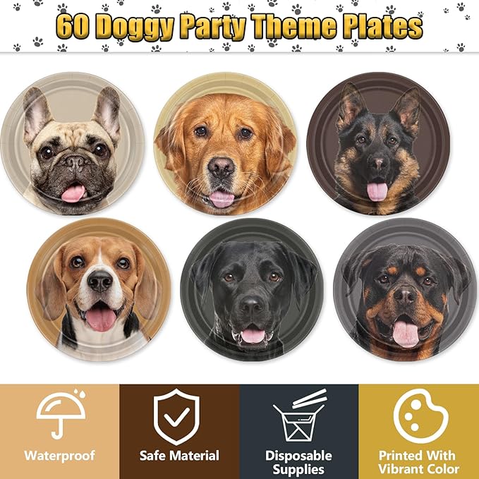 60 Pcs Dog Paper Plates, Real Puppy Face Dinner Plates Puppy Party Decorations for Dog Birthday Party Supplies