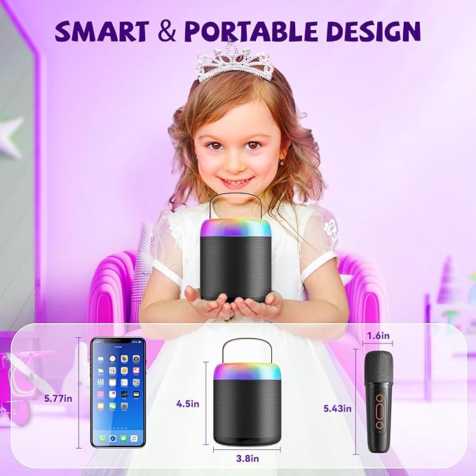 Mini Karaoke Machine for Kids, Portable Bluetooth Speaker with Wireless Microphones, Gift for Girls Toys 4, 5, 6, 7, 8, 10, 12+ Years Old Birthday Family Home Party(Y2-Black-1 Mic)