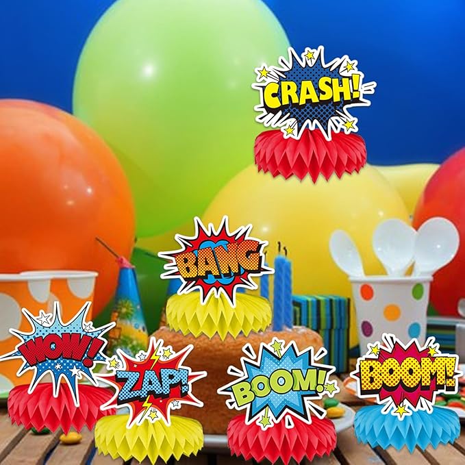 12 Pcs Hero Table Honeycomb Centerpieces, Hero Theme Happy Birthday Party Decorations for Women Men, Fun Action Standing Card Party Decor Party Supplies