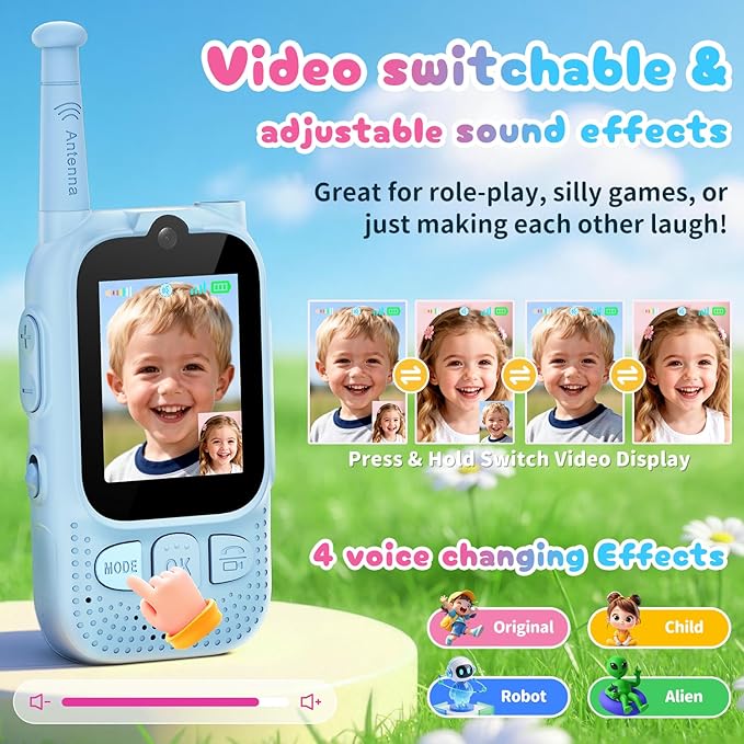 Kids Audio/Video Walkie Talkies, 2 Pack Rechargeable Walkie Talkies for Kids with 2’’ Screen & Camera & Voice Changer, Long Range Boys Girls Toys for Indoor Outdoor Camping Hiking Games (Pink/Blue)