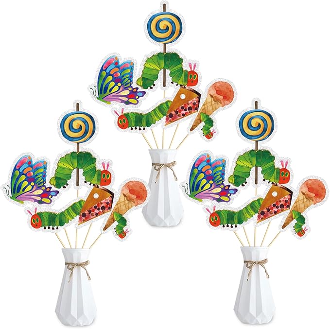 15PCS Hungry Caterpillar Party Decorations,Reading Story Theme Centerpieces Decorations Stick Table Toppers For Fairy Tales Birthday Party Baby Shower Party Supplies