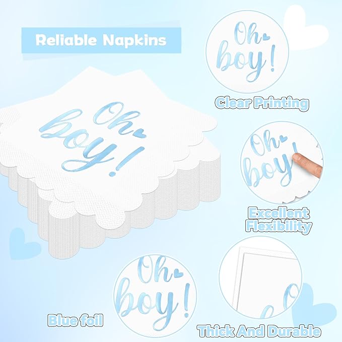 96PCS Oh Boy Baby Shower Decorations Blue Foil Scalloped Paper Plates Napkins Oh Boy Tableware Party Supplies Blue Baby Shower Dinnerware for Gender Reveal Birthday Welcome Party Favors