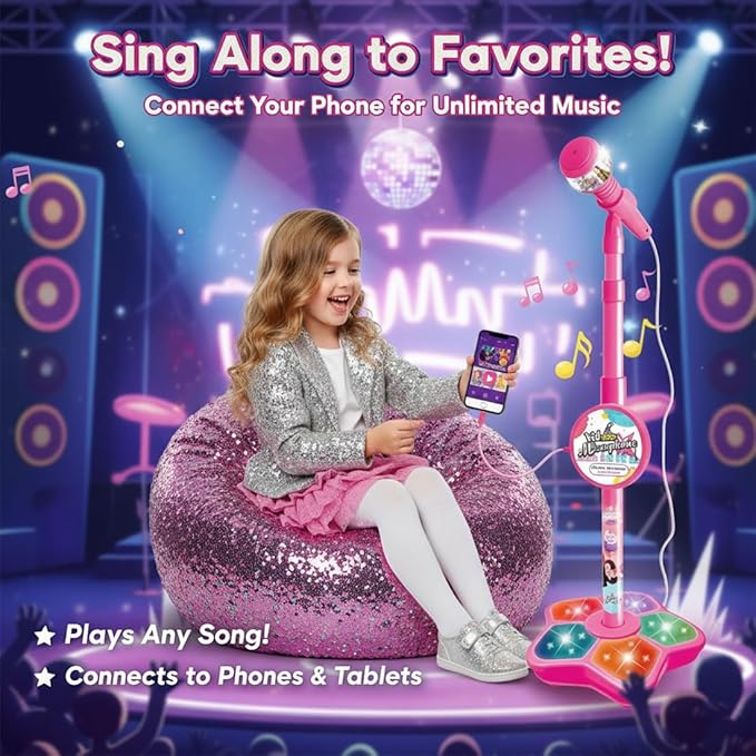 The All-in-One Microphone Toy, 2026 New Kids Karaoke Machine Toys with Adjustable Stand, Colorful Lights, and Echo Effect, for Boys and Girls Christmas Birthday (Pink)