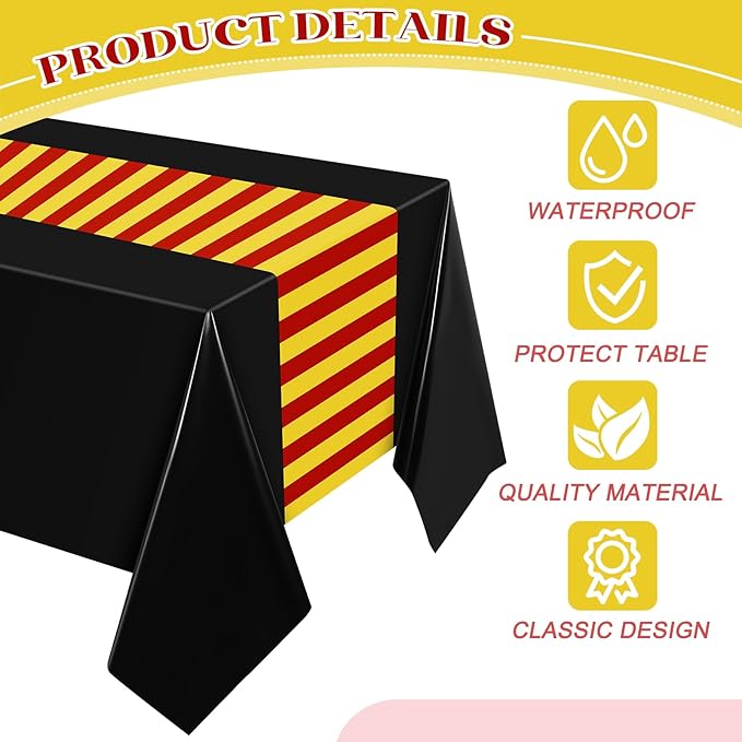 Oudain 3 Pcs Wizard Tablecloth 54 x 108 Inches Plastic Black Table Cover Red Golden Tablecloth Disposable Magical Party Supplies for Halloween Witch Birthday Party Decoration (Black Stripes)