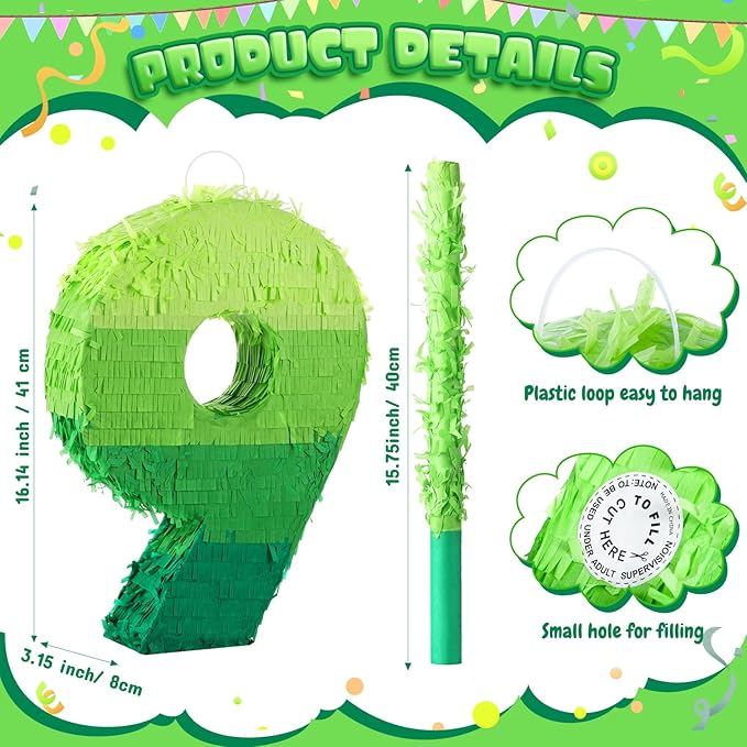 Number Piñata Decorations 16 Inch Gradient Green Piñata with Blindfold Stick and Confetti for Birthday Baby Shower Safari Jungle Themed Party Supplies Centerpiece(Number 9)