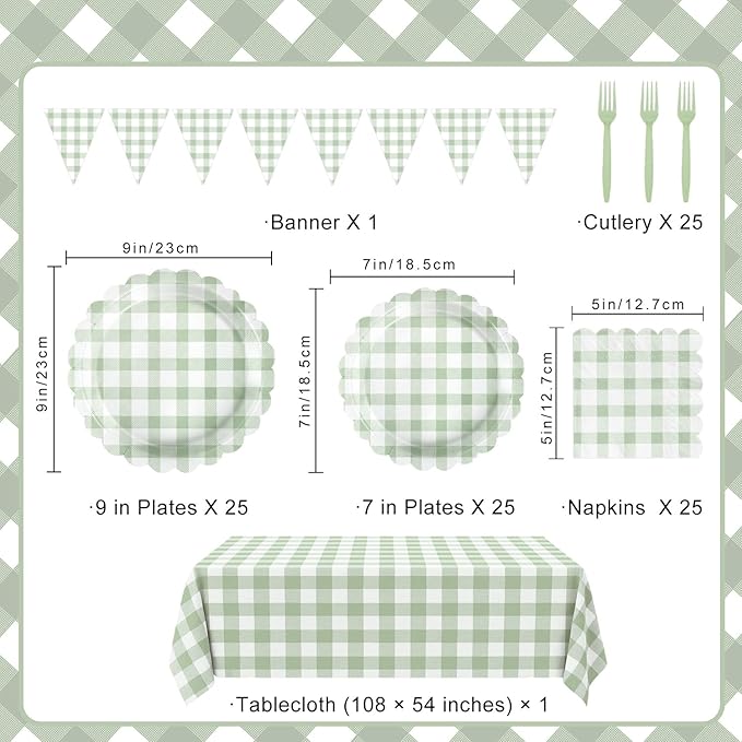 102 PCS Sage Green Gingham Party Supplies - Scalloped Plates, Napkins, Cups, Forks, Banner, Gingham Tablecloth for Baby Shower, Wedding, Birthday, Serves 25