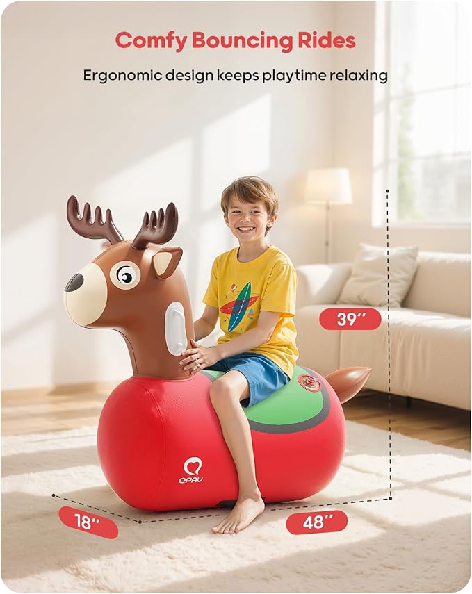 QPAU Large Inflatable Reindeer Hopper Bouncy Toy, 250lbs High Capacity Ride-on Animal for Kids & Adults, Soft Fabric Cover & Pump, Durable Puncture-Resistant Bouncer for Family Party Gift