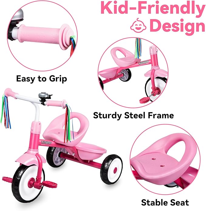 Liberry Toddler Tricycle Age 2 3 4 Years Old, Kids Trike with Bell, Back Basket and Removable Pedal, 3 Wheel Bike Birthday Toys Gift for Girls Boys, Pink