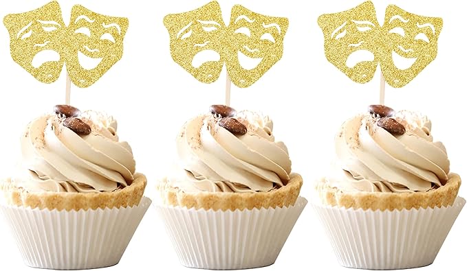 24 PCS Theatrical Mask Cupcake Toppers Gold Glitter Comedy Movie Night Cupcake Picks Film Festival Theme Birthday Party Cake Decorations Supplies