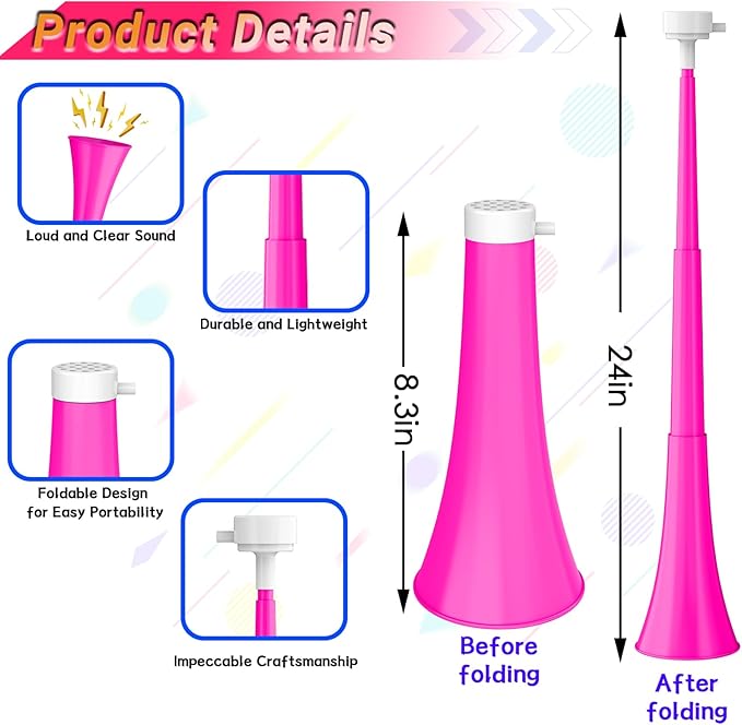 Collapsible Stadium Horn 24 Inch Vuvuzela Plastic Trumpet Blow Horns Noisemakers Loud Sound Soccer Cheer Horn for Sporting Events Graduation Games School Party Supplies Favors Accessories