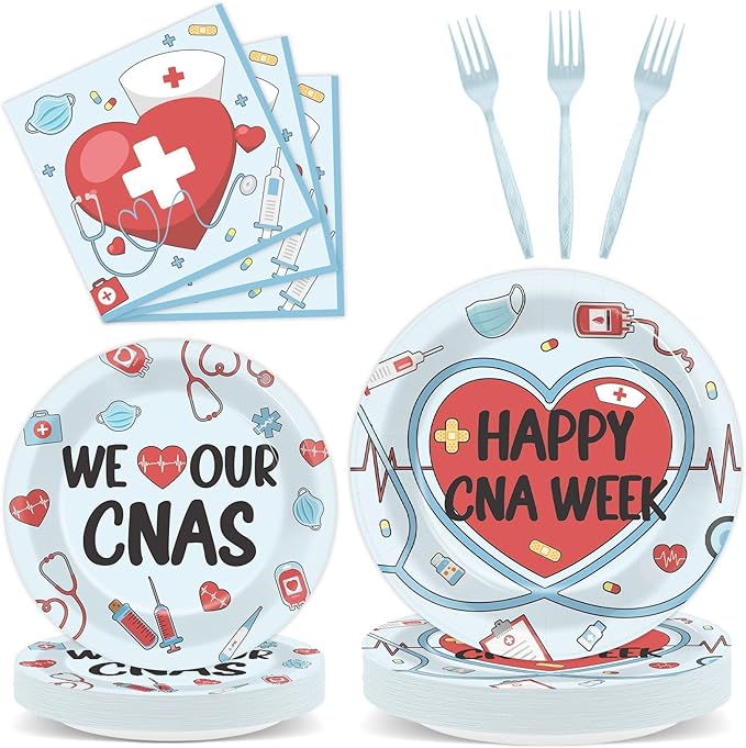 CHUNNIN 96Pcs Happy CNA Week Plates and Napkins Nurse Appreciation Week Party Decorations We Love Our CNAS Dessert Plates Nurse Tableware for 24 Guests CNA Appreciation Week Party Supplies