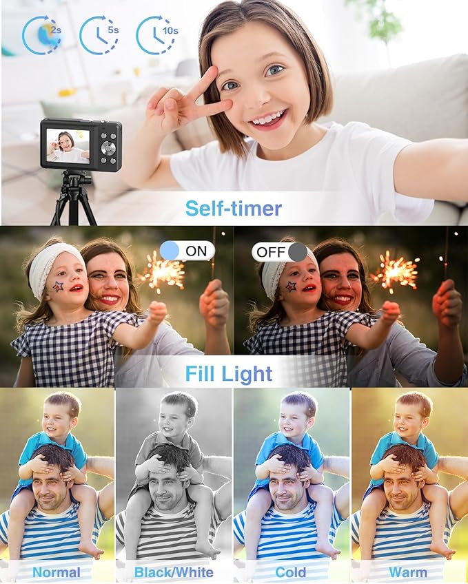 Digital Camera, FHD 1080P Point and Shoot Camera with 16X Zoom Anti Shake, Compact Small Portable for Boy Girls(Deep Black)