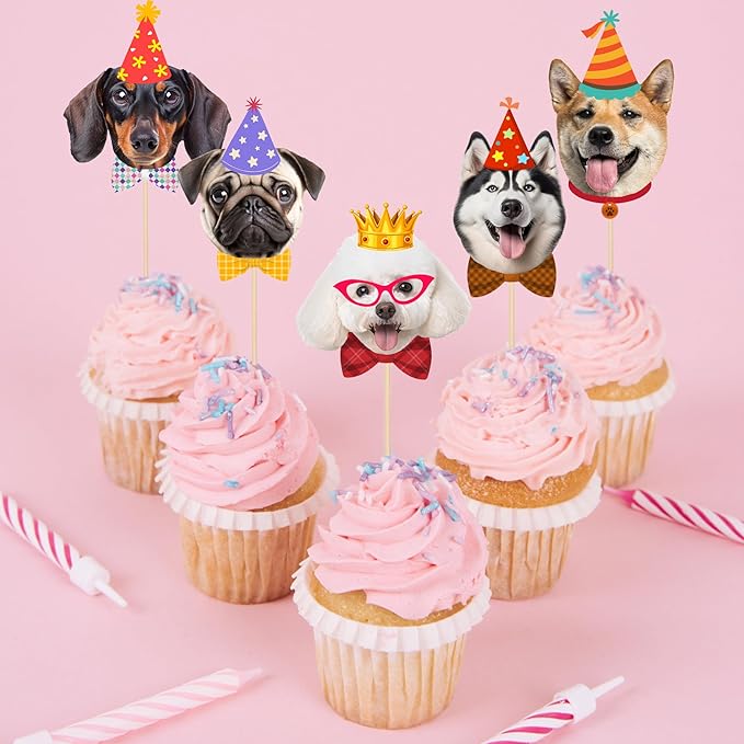 Pet Dog Cupcake Toppers, 24 PCS Pet Dogs Themed Birthday Party Supplies Cute Puppy Birthday Party Baby Shower Party Cake Decorations