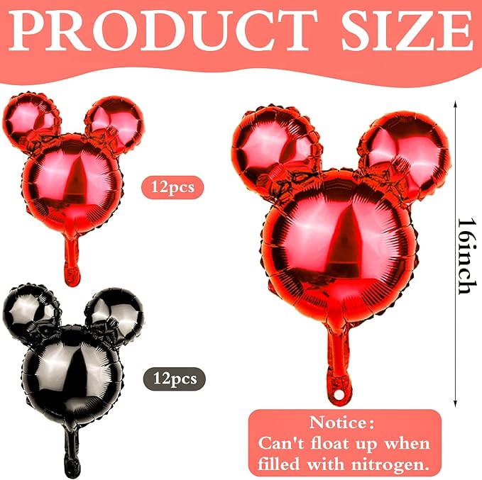 24 Pcs Mouse Head Foil Balloons Red Mouse Birthday Mylar Balloons Party Supplies Kit Black Mouse Aluminum Foil Balloon for Kids Birthday Baby Shower Theme Party Decoration Supplies Photo Props,18"