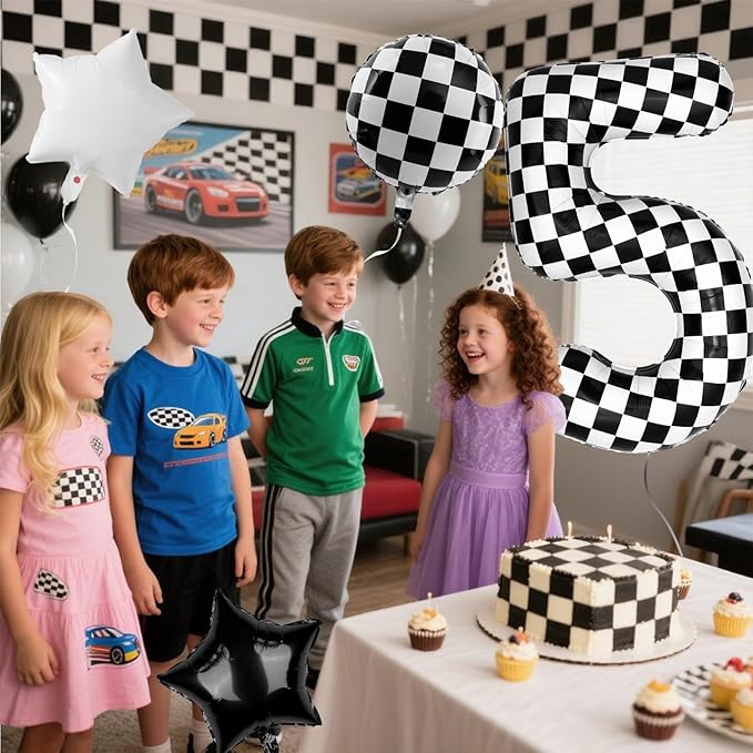 40 Inch Checkered Number Balloons 5 Black and White Foil Balloon for Girls & Boys Racing Car Theme Birthday Party Decorations, Party Supplies & Favors(Number 5)