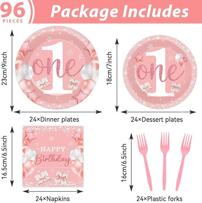 96 Pcs Girl 1st Party Supplies Pink One Year Old Paper Plates Baby Girl 1st Birthday Decoration Pink DisposableTableware Set Bridal Shower Birthday Party Paper Plate Napkin Fork 24 Guests