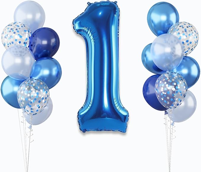 Dark Blue Number 1 Balloon 40 Inch, Large Balloon 1 with Metallic Light Navy Blue Silver Confetti Balloon, Self Inflating Helium Foil One Balloons for Boys 1st Birthday Party Baby Shower Decorations