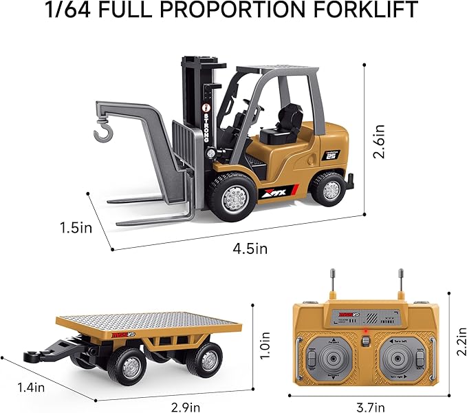 BRRRRT 1/64 Full Proportional RC Forklift Toy,8 Channel 2 Mode Mini Remote Control Forklift Truck with Flatbed Tow Truck,2 in 1 Transformable Lift Fork & Hook with Rechargeable Battery for 4+ Kids