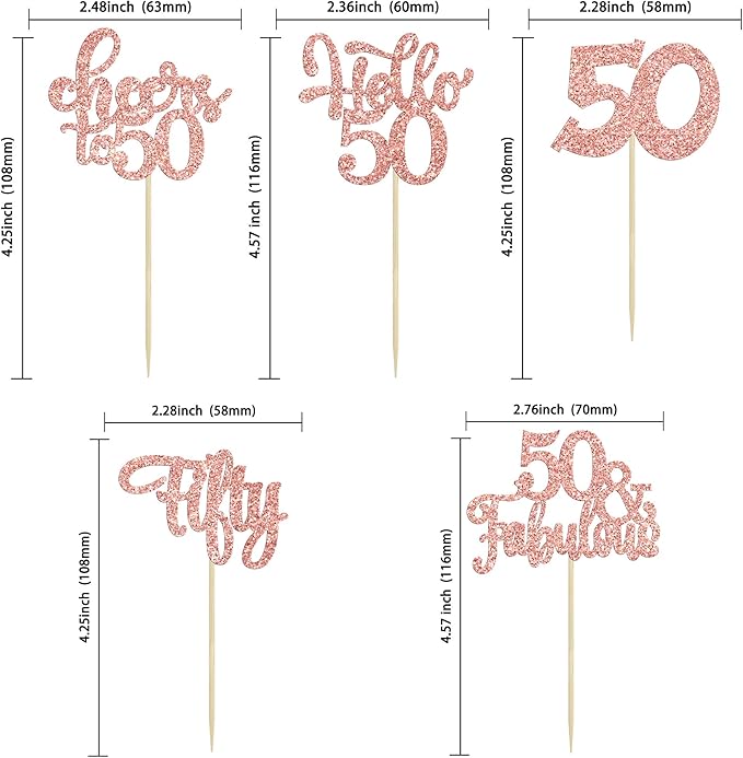 30pcs Happy 50th Birthday Cupcake Toppers - Rose Gold Glitter Fifty Cheers to 50 Years Old Cupcake Picks for Anniversary Party Cake Decorations
